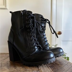 Black Leather Heel Combat Boots
